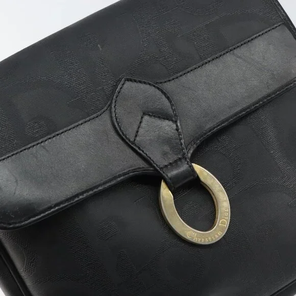 Authentic Christian Dior Trotter Canvas Shoulder Bag PVC Black Gold